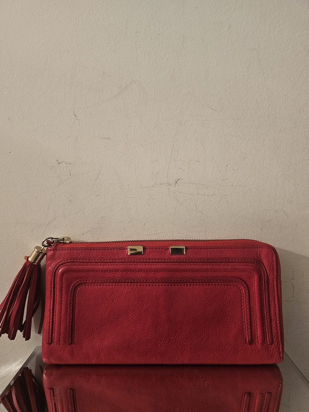 Danier Red Leather Zip-Around Wallet Clutch with Tassel